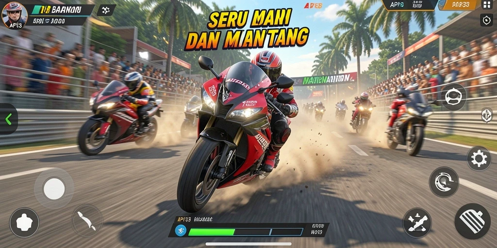 Screenshot menunjukkan aksi balapan motor yang mendebarkan dan grafis tinggi.