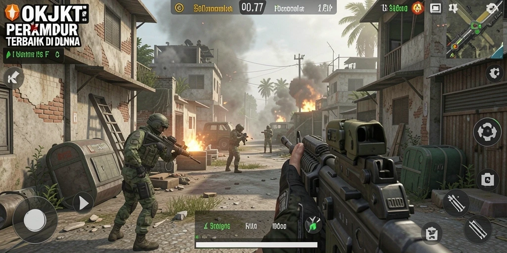 Screenshot gameplay utama OKJKT yang menampilkan aksi tembak-menembak yang intens.