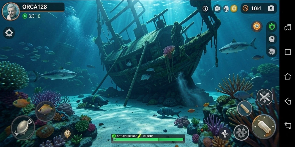 Screenshot ORCA128 menampilkan petualangan menelusuri lautan yang menakjubkan.
