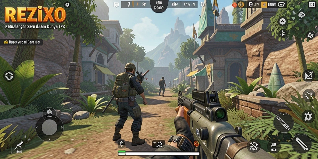 Tampilan gameplay intens di REZIXO dengan aksi TPS yang seru.